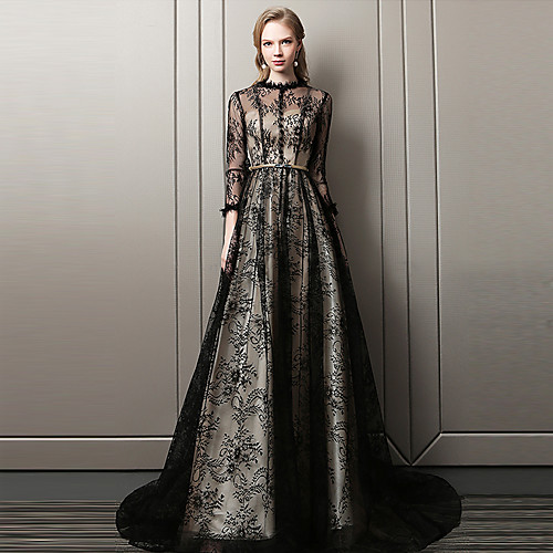 

A-Line Elegant Sparkle & Shine Formal Evening Dress Scalloped Neckline 3/4 Length Sleeve Court Train Lace with Sash / Ribbon Buttons 2021