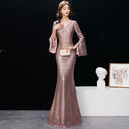 

Mermaid / Trumpet Elegant Sparkle & Shine Formal Evening Dress V Neck Long Sleeve Floor Length Sequined with 2021