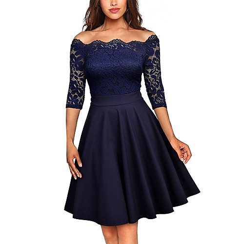 

Women's Swing Dress - Half Sleeve Solid Colored Lace Cut Out Lace Trims Off Shoulder Sophisticated Wine Black Navy Blue S M L XL