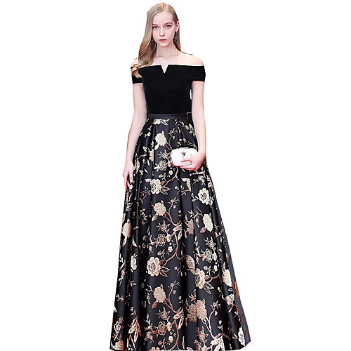 

A-Line Elegant Sparkle & Shine Prom Dress Off Shoulder Sleeveless Floor Length Satin with Pattern / Print 2021