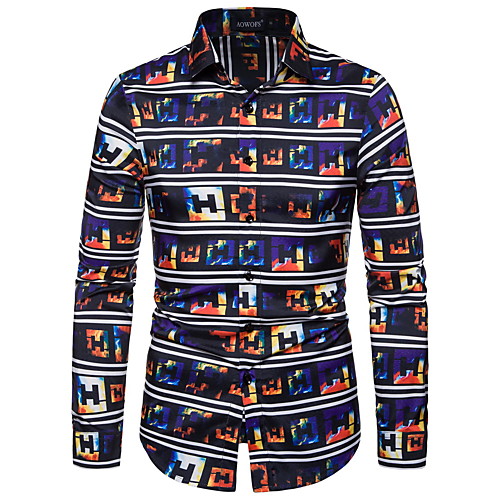 

Men's Geometric Color Block Shirt - Cotton Basic Daily Rainbow / Long Sleeve