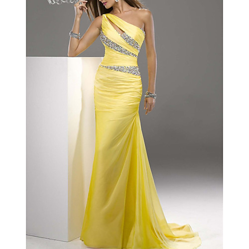 

Sheath / Column Sexy Engagement Formal Evening Dress One Shoulder Sleeveless Sweep / Brush Train Chiffon with Crystals Draping 2021