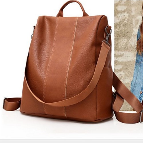 

Large Capacity PU Zipper Commuter Backpack Solid Color Daily Brown