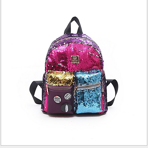 

Adjustable PU Sequin / Zipper Commuter Backpack Color Block Daily Black / Blue / Purple