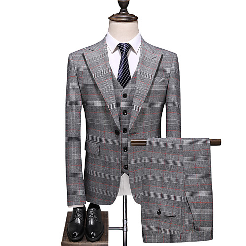 

Light Grey Checkered Standard Fit Polyester Suit - Peak Single Breasted One-button / Suits