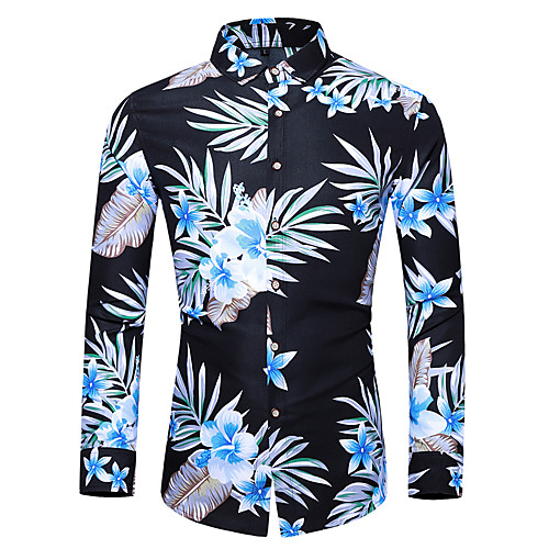 

Men's Shirt Floral Long Sleeve Casual Tops Basic Navy Blue