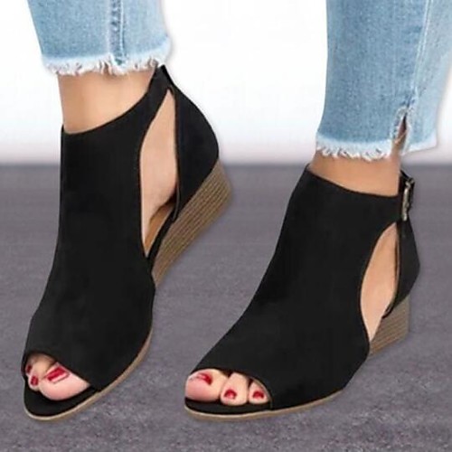 

Women's Sandals Wedge Sandals Summer Wedge Heel Peep Toe Casual Comfort Daily Solid Colored Suede Walking Shoes Black / Brown / Beige