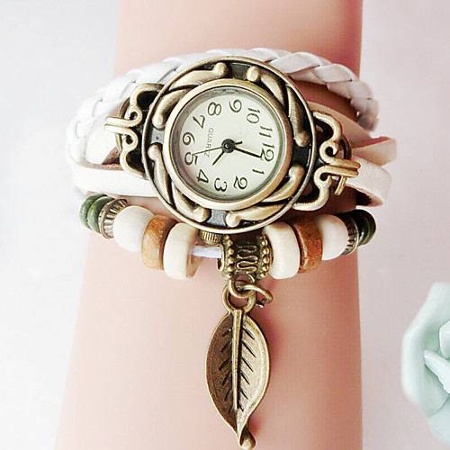 

women girls fashion retro handmade leather bracelet leaf decoration quartz wrist watch