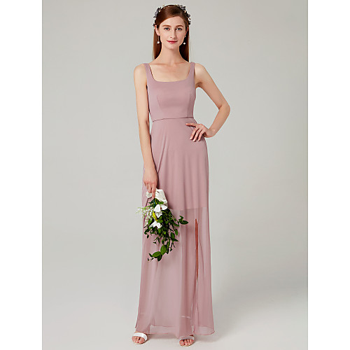 

Sheath / Column Spaghetti Strap Floor Length Mesh Bridesmaid Dress with Pleats / Split Front