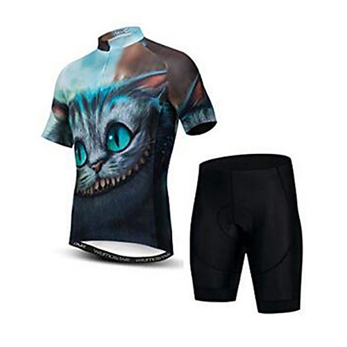 

21Grams Cheshire Cat Men's Short Sleeve Cycling Jersey with Shorts - Black / Blue Bike Clothing Suit Breathable Moisture Wicking Quick Dry Sports Elastane Terylene Mountain Bike MTB Road Bike Cycling