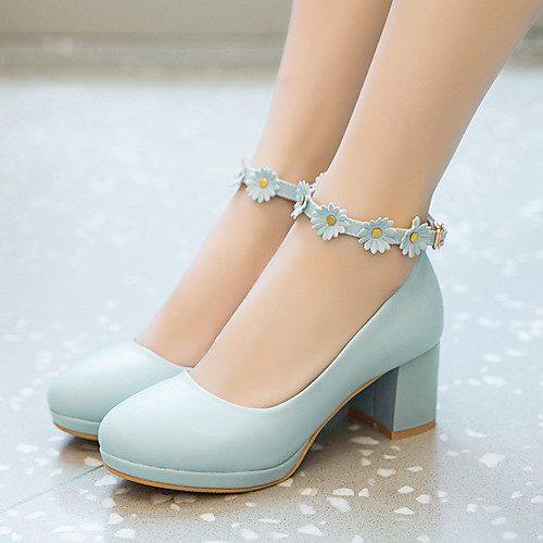 

Women's Heels Chunky Heel Round Toe Buckle Faux Leather Casual / Sweet Summer Light Blue / White / Pink / Party & Evening
