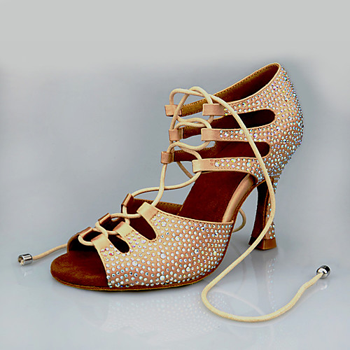 

Women's Dance Shoes Satin Latin Shoes Crystal / Rhinestone Heel Flared Heel Almond / Performance / Leather / Practice