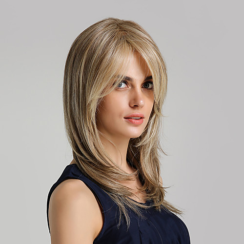 

Synthetic Wig kinky Straight Natural Straight Bob Asymmetrical With Bangs Wig Blonde Medium Length Light golden Synthetic Hair 20 inch Women's Life Synthetic Best Quality Blonde HAIR CUBE