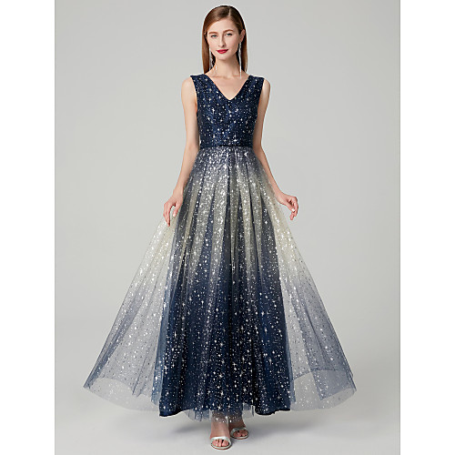 

A-Line Elegant Sparkle & Shine Prom Formal Evening Dress V Neck Sleeveless Floor Length Lace with 2021
