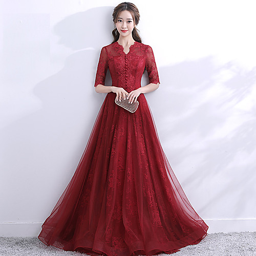 

A-Line Elegant Formal Evening Dress Scalloped Neckline Half Sleeve Sweep / Brush Train Lace Tulle with 2021