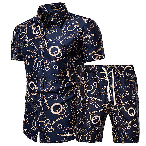 

Men's Set Graphic Geometric Plus Size Print Short Sleeve Athleisure Tops Basic Boho Navy Blue