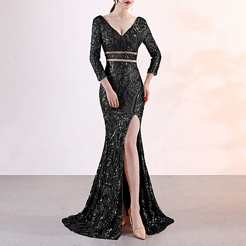 

Mermaid / Trumpet Elegant & Luxurious Elegant Formal Evening Dress Plunging Neck 3/4 Length Sleeve Sweep / Brush Train Sequined with Sequin 2021