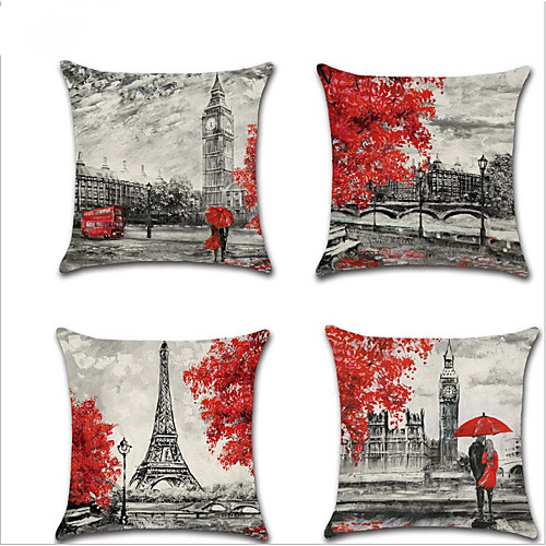 

4 pcs Linen Pillow Cover, Botanical Cities Lovers European Throw Pillow