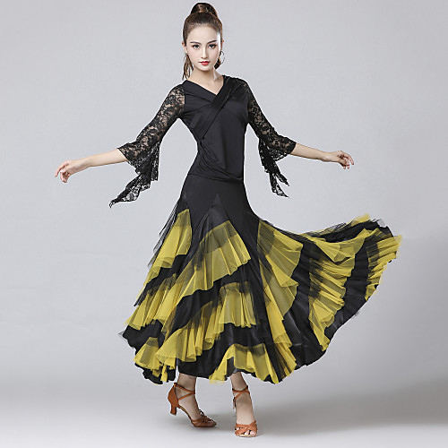 

Ballroom Dance Skirts Lace Split Joint Tiered Women's Training Performance 3/4 Length Sleeve Lace Milk Fiber Polyester
