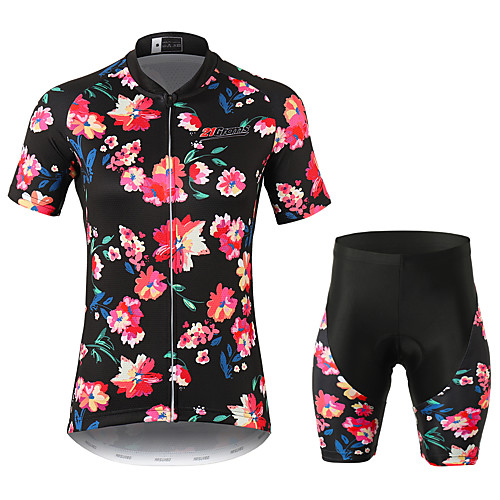 

21Grams Floral Botanical Women's Short Sleeve Cycling Jersey with Shorts - Black Bike Clothing Suit Breathable Moisture Wicking Quick Dry Sports 100% Polyester Mountain Bike MTB Road Bike Cycling