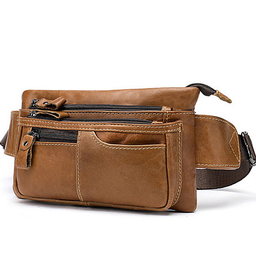 

Men's Zipper Cowhide Fanny Pack Solid Color Coffee / Brown