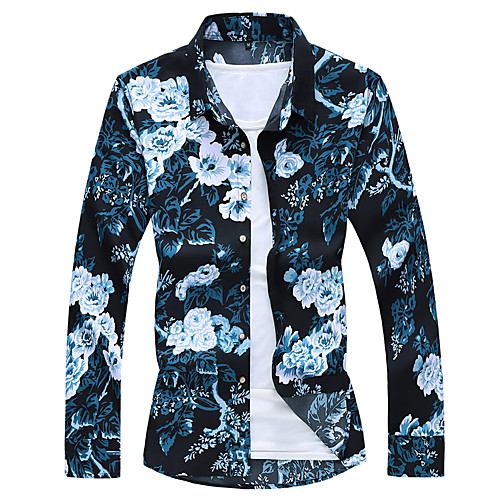 

Men's Plus Size Floral Print Shirt Street chic Daily Classic Collar Black / Blue / Long Sleeve