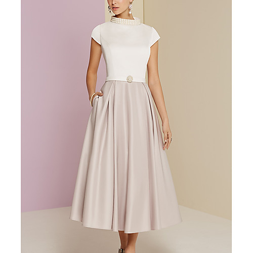 

A-Line Mother of the Bride Dress Vintage Plus Size High Neck Tea Length Satin Short Sleeve with Pearls 2020