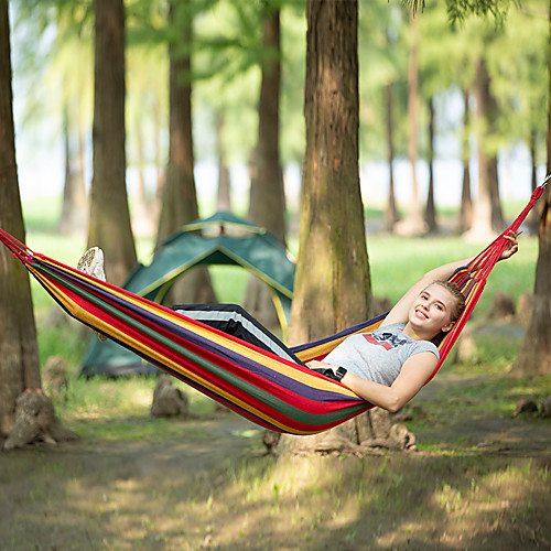 

Camping Hammock Outdoor Portable Breathable Ultra Light (UL) Canvas for 1 person Hiking Beach Camping Stripes - Red Blue 19580 cm