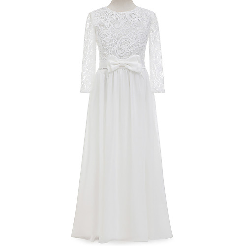 

Sheath / Column Long Length Christmas / Wedding / First Communion Flower Girl Dresses - Chiffon / Lace Long Sleeve Jewel Neck with Lace / Bow(s)