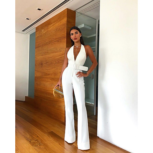 

Women's Street chic Deep V White Pencil Slim Jumpsuit Onesie, Solid Colored Drawstring S M L