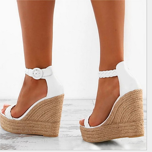 

Women's Sandals Wedge Sandals Spring & Fall / Summer Wedge Heel Round Toe Daily Buckle Solid Colored PU White / Gold