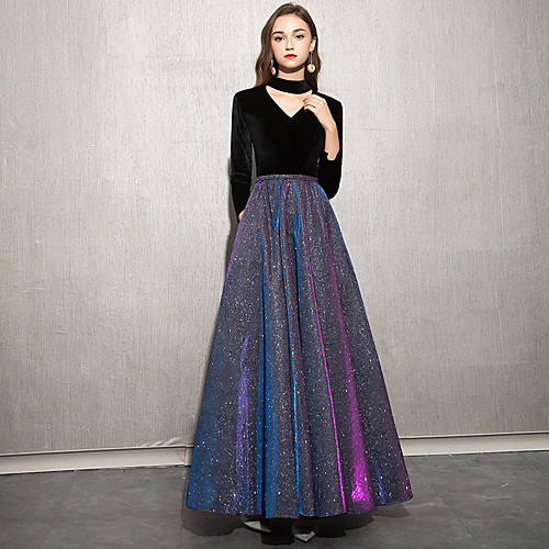 

A-Line Elegant Sparkle & Shine Prom Dress V Neck Long Sleeve Floor Length Sequined Velvet with 2021
