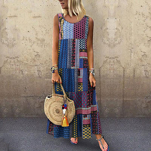 

Women's Swing Dress Maxi long Dress Blue Wine Green Sleeveless Color Block Patchwork Print Summer Off Shoulder Casual Vintage 2021 S M L XL XXL 3XL 4XL 5XL