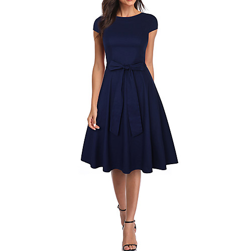 

Women's Sheath Dress Knee Length Dress Wine Navy Blue Short Sleeve Solid Colored Round Neck Basic Cotton S M L XL XXL