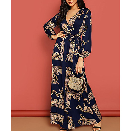 

Women's Maxi A Line Dress - Long Sleeve Geometric Spring & Summer V Neck Elegant 2020 Black Navy Blue S M L XL