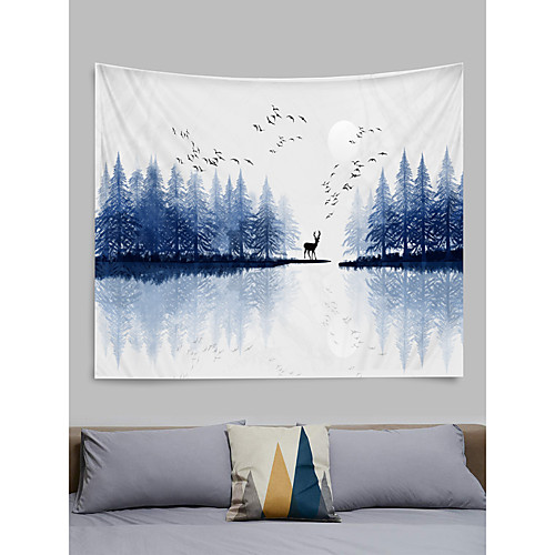 

Chinese Ink Painting Style Wall Tapestry Art Decor Blanket Curtain Hanging Home Bedroom Living Room Decoration Abstract Forest Tree Deer Bird Animal