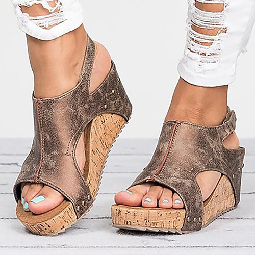 

Women's Sandals Wedge Sandals Comfort Shoes Cowboy Western Boots Wedge Heel Open Toe Wedge Sandals Vintage British Daily PU Solid Colored Black Brown Beige