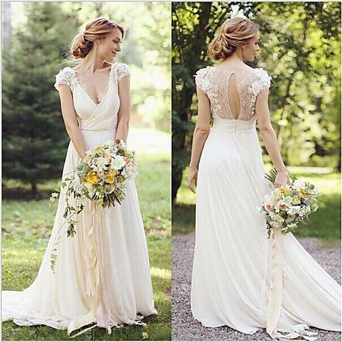 

A-Line Wedding Dresses V Neck Sweep / Brush Train Lace Cap Sleeve Country Romantic Illusion Detail Backless with Appliques 2021