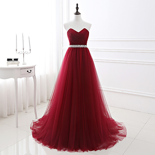 

A-Line Elegant Quinceanera Prom Valentine's Day Dress Strapless Sleeveless Chapel Train Satin Tulle with Crystals 2021