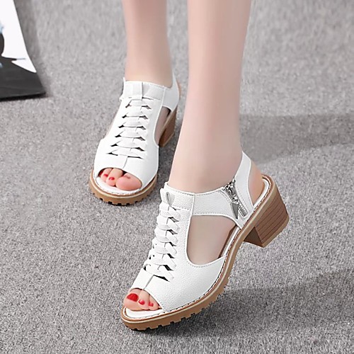 

Women's Sandals Spring & Summer / Fall & Winter Chunky Heel Peep Toe Classic Roman Shoes Daily Office & Career Solid Colored PU Walking Shoes White / Black / Beige