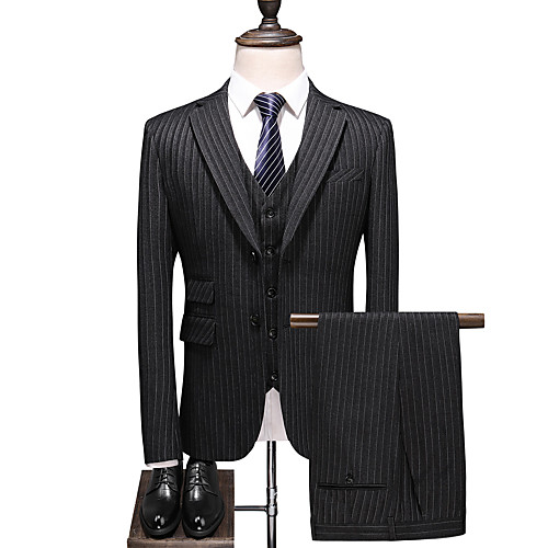 

Black Striped Standard Fit Polyester Suit - Notch Single Breasted Two-buttons / Suits