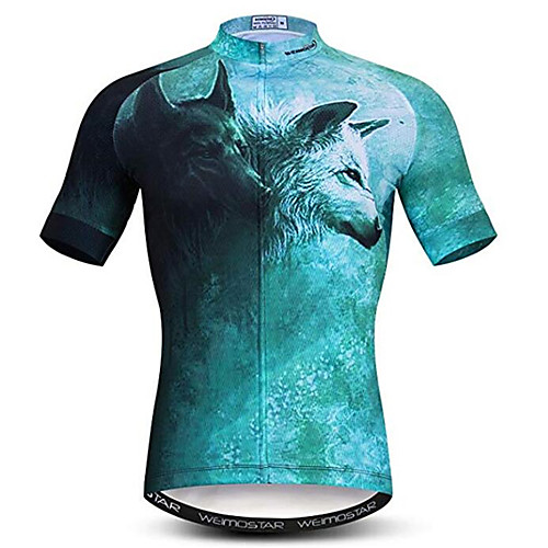 

21Grams 3D Animal Wolf Men's Short Sleeve Cycling Jersey - Mint Green Bike Jersey Top Breathable Quick Dry Moisture Wicking Sports Elastane Polyester Mountain Bike MTB Road Bike Cycling Clothing