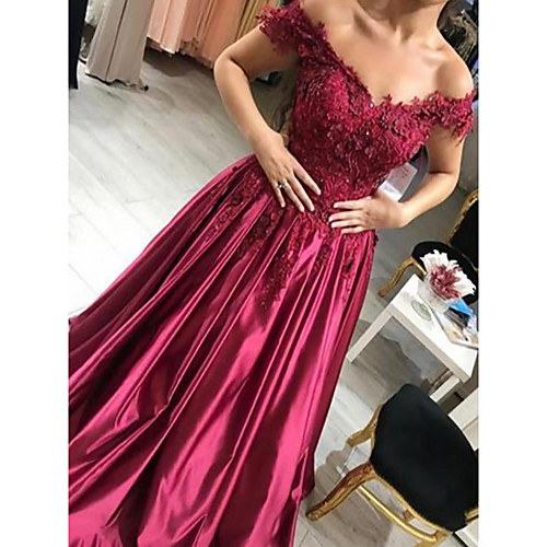 

A-Line Luxurious Floral Prom Formal Evening Dress Off Shoulder Short Sleeve Floor Length Satin with Beading Appliques 2021