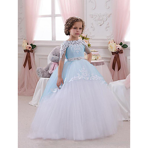 

Princess Floor Length Wedding / Birthday / Pageant Flower Girl Dresses - Lace / Tulle Short Sleeve Jewel Neck with Lace / Appliques / Crystals / Rhinestones