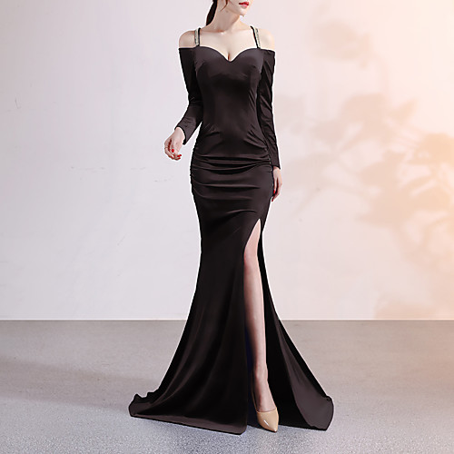 

Mermaid / Trumpet Elegant & Luxurious Sexy Formal Evening Dress Spaghetti Strap Long Sleeve Sweep / Brush Train Velvet with Crystals Split Front 2021