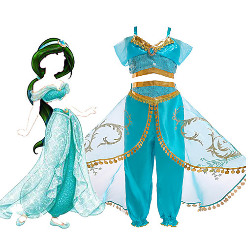 

Princess Jasmine Dress Cosplay Costume Flower Girl Dress Girls' Movie Cosplay A-Line Slip Vacation Dress Halloween Green LightBlue Top Pants Christmas Halloween Carnival Tulle Polyster