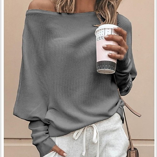

Women's Solid Colored Long Sleeve Loose Pullover Sweater Jumper, Off Shoulder Red / Khaki / White S / M / L