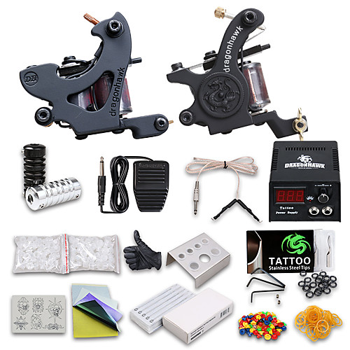 

DragonHawk Professional Tattoo Kit Tattoo Machine - 2 pcs Tattoo Machines, Professional LCD power supply 2 cast iron machine liner & shader