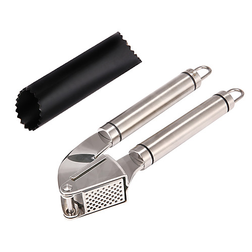 

304 Stainless Steel Handle Grillers Epicurean Garlic Press and Peeler Set Mincer and Silicone Tube Roller for Peeling Clove Skin