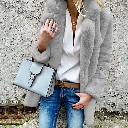 

Women's Daily Basic Fall & Winter Plus Size Regular Faux Fur Coat, Solid Colored Shirt Collar Long Sleeve Faux Fur Camel / Light gray / White